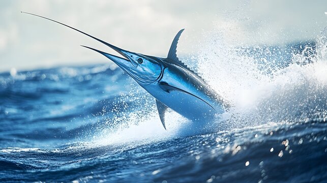 Photograph of a marlin breaching a turbulent ocean wave, creating a spray of water.