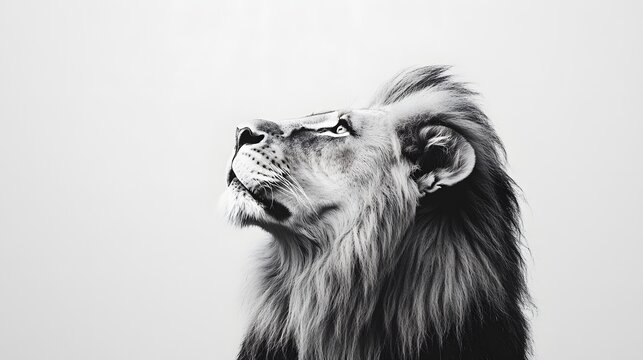 Photograph of black and white photograph of a majestic lion with intense gaze, facing upwards.