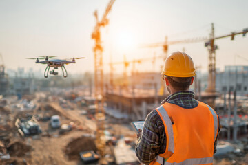Worker using drone at construction site