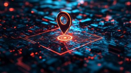 Glowing Neon Hologram Map in Dark Background with Highlighted Location