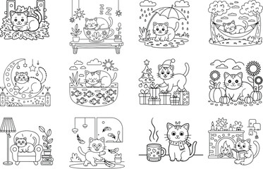 Charming cartoon cats engaged in various everyday and festive activities perfect for coloring pages and children s designs isolated on white background