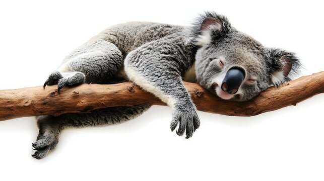 Photograph of a relaxed koala sleeping on a branch against a white background.