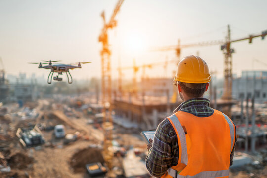 Worker using drone at construction site