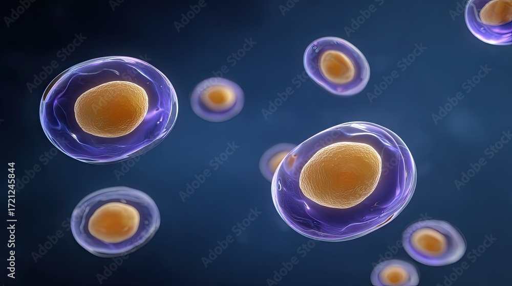 Aufkleber magnified view of colorful cells with distinct nuclei on a dark background illustrating cellular str