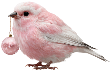 a cute pink bird holding a christmas ornament, isolated on a transparent background, in a png file with a white border and no text or images in the center