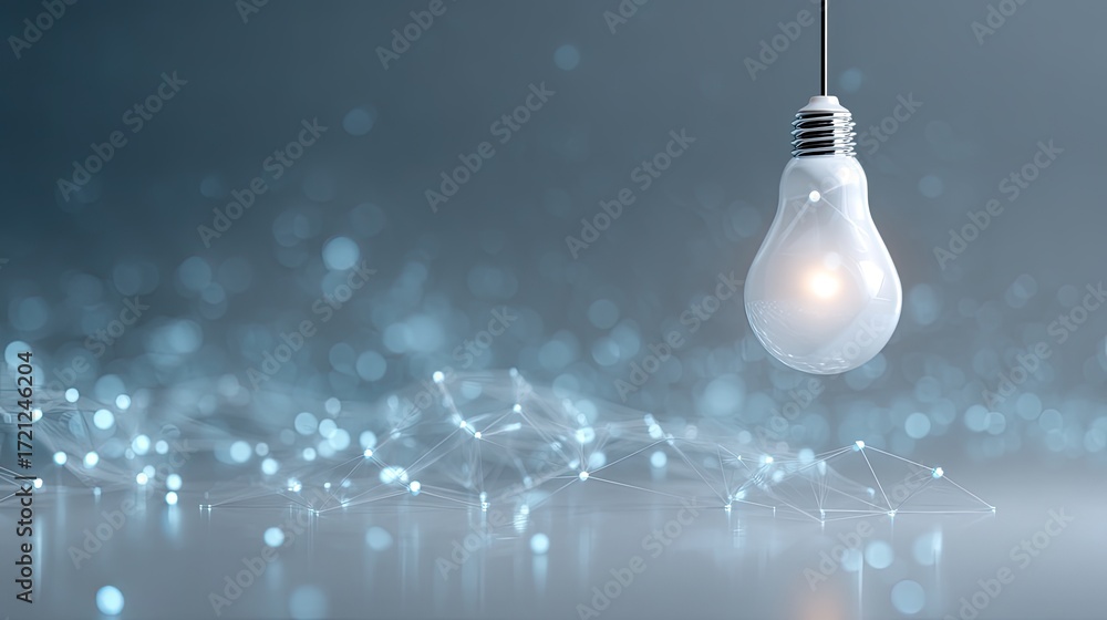 Aufkleber hanging light bulb on a soft blue background with abstract particles and connections representing in