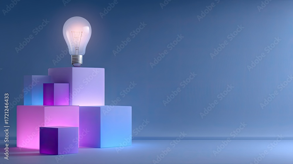 Aufkleber modern minimalistic display of colorful cubes with light bulb in a serene blue background