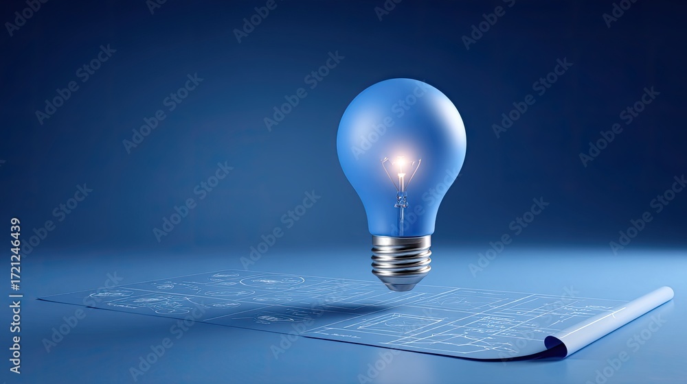Poster light bulb floating above blueprint with illuminated filament in modern design concept