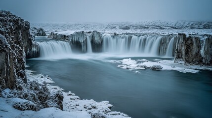 Fototapeta premium Frozen Waterfall and River, Long Exposure Photography of Snow-Covered Landscape with Icy Mist, Majestic Serene Nature Scene