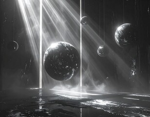 Dark, futuristic space scene with light beams and orbs