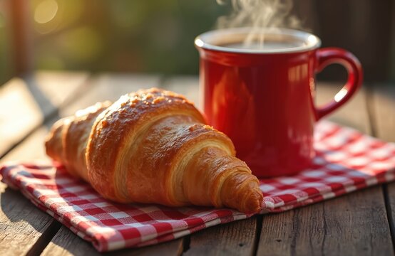 Warm morning coffee steams from red mug next to golden brown croissant on rustic wooden table. Red, white checkered napkin lies beneath pastry. Cozy breakfast scene evokes comfort, deliciousness, - Powered by Adobe