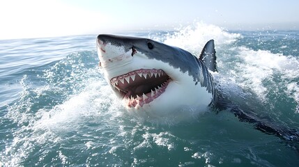 Naklejka premium Photograph of a great white shark breaching the ocean surface with forceful water spray.