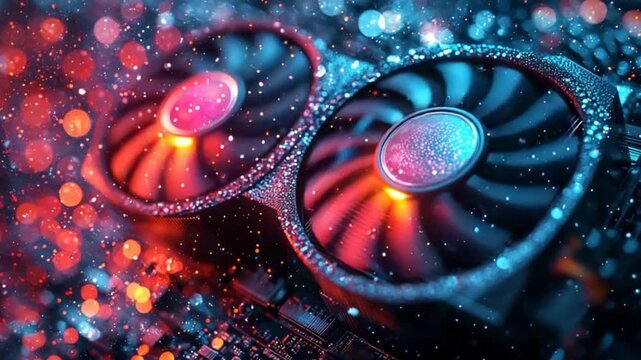 Close-up view of a graphic processing unit cooler, showcasing vibrant color effects and intricate details.