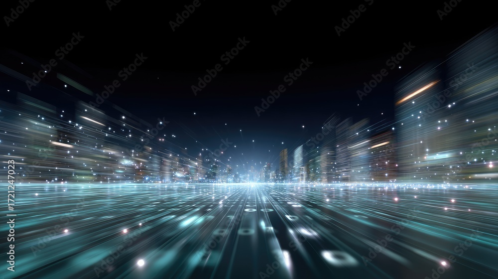 Aufkleber futuristic data stream with dynamic cityscape and binary code representing technology and digital tr