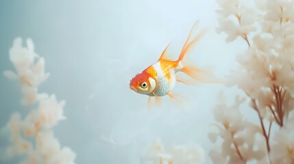 Photograph of a goldfish swims amidst blurred, light-colored branches against a pale blue background.