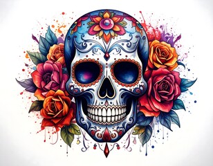 Colorful sugar skull surrounded by roses