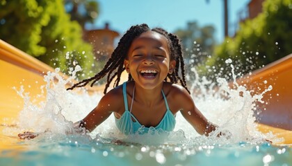 Obraz premium Joyful African American girl with braided black hair speeds down yellow waterslide at waterpark. Laughs exuberantly, splashing water as enjoys carefree summer day. Water sprays around as experiences