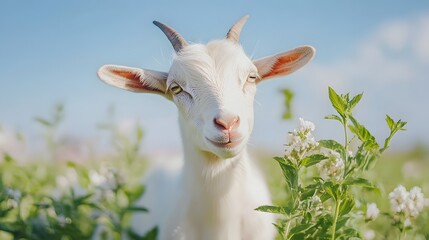 Fototapeta premium Photograph of a close-up white goat with green foliage blurred in the background under a blue sky.