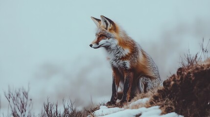 Fototapeta premium Photograph of a red fox sitting on a snowy, overcast hillside.