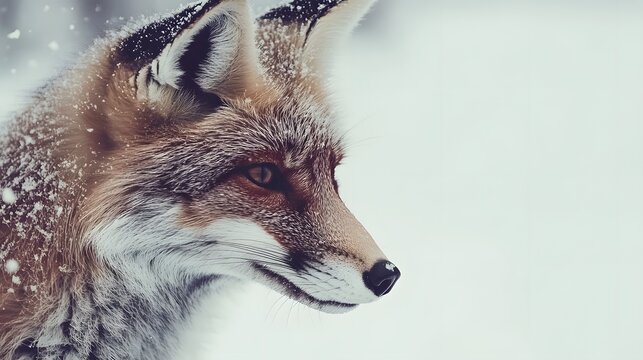 Photograph of a fox with snowy surroundings and intense eye contact.