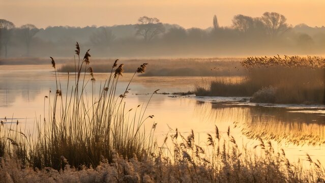 Sunrise over a tranquil lake with reeds in foreground
