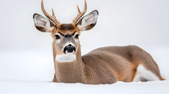 Photograph of a mature buck resting in fresh snow, displaying prominent antlers.
