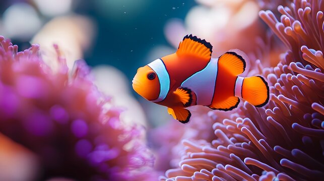 Digital illustration of a vibrant clownfish swimming amidst purple anemones in an underwater scene.