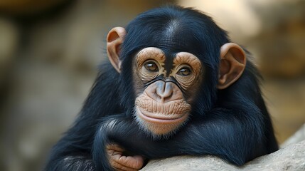 Photograph of a chimpanzee with wrinkled face, resting on a stone, exhibiting a contemplative expression.