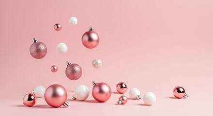 Pink Christmas Baubles and Decorative Balls on Pastel Background 