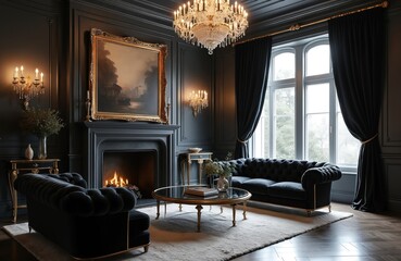 Elegant luxury living room interior with dark walls, tufted black sofas, crystal chandelier. Fireplace with roaring fire, ornate gold-framed artwork create cozy, sophisticated ambiance. Large windows