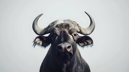 Photograph of a black buffalo with large horns set against a plain white background.