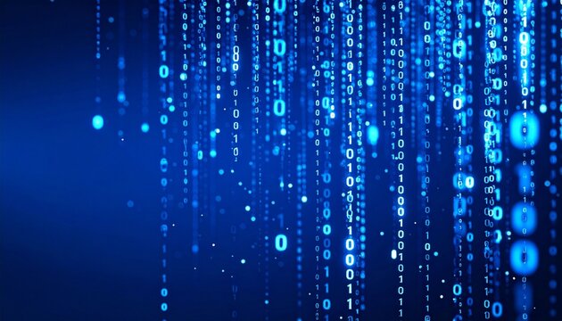 Glowing blue binary code cascading on dark background—symbolizing digital data flow.