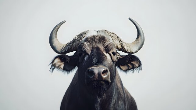 Photograph of a black buffalo with large horns set against a plain white background.