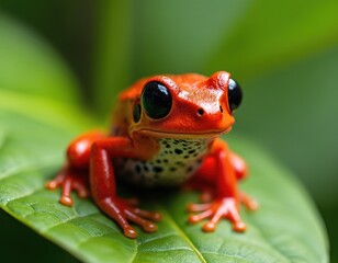 Fototapeta premium Vibrant red frog sits on a green leaf, its striking coloration and patterned skin detailed. This amphibian, with its bright eyes and small form, is a small specimen of rainforest fauna.