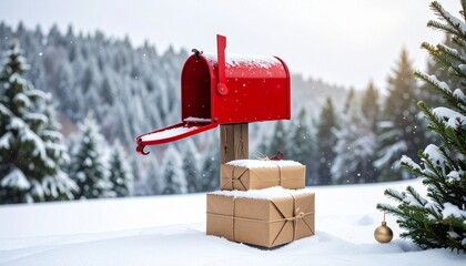 Red mailbox with packages in snow—symbolizing holiday delivery and festive warmth.
