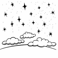 Starry night sky with clouds and twinkling stars in black and white  