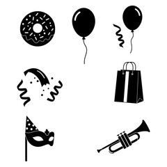 Celebratory Icon Collection Doughnut, Balloons, Gift Bag, Confetti, Mask, and Trumpet for Festive Occasions