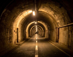 Dark, long tunnel with arched ceiling