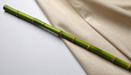 Single green bamboo stick with leaves on fabric—symbolizing nature and simplicity.