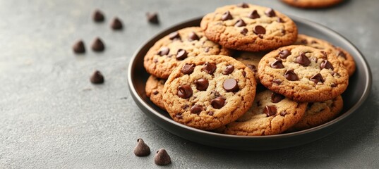 Deliciously baked chocolate chip cookies on a rustic grey surface, perfect for any dessert lover.