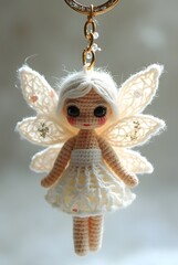 Fototapeta premium crochet keychain of A crochet fairy with translucent wing shapes and glittery thread accents.