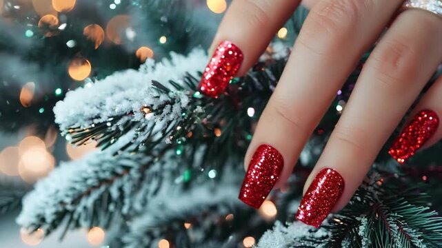 Glistening red nails adorned with glitter gently touch a snow dusted Christmas tree, highlighting the holiday spirit in December