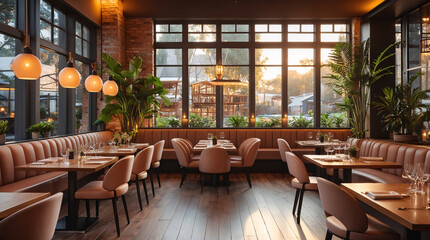spacious cafe restaurant interior with greenery accents wooden furniture and bright daylight through large window interior design wallpaper background