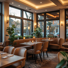 stylish cafe interior featuring tropical plants wooden tables and natural sunlight through wide glass window design interior design wallpaper background