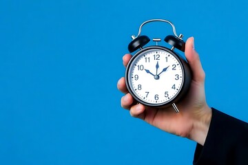 Hand Holding Alarm Clock on Blue Background Symbolizing Punctuality, Time Awareness, and Effective Time Management