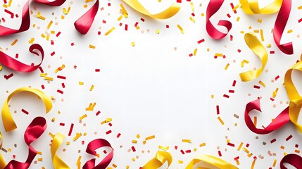 Digital illustration of red and yellow confetti scattered on a white background, with ribbons curved in the frame.