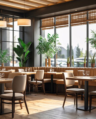 tropical plants and wooden furniture decor modern cafe restaurant interior with bright natural window atmosphere interior design wallpaper background