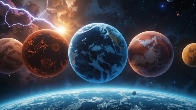 Seven planets aligned in space, displaying vibrant colors and textures. The planets include a mix of rock and gas types. 4k video