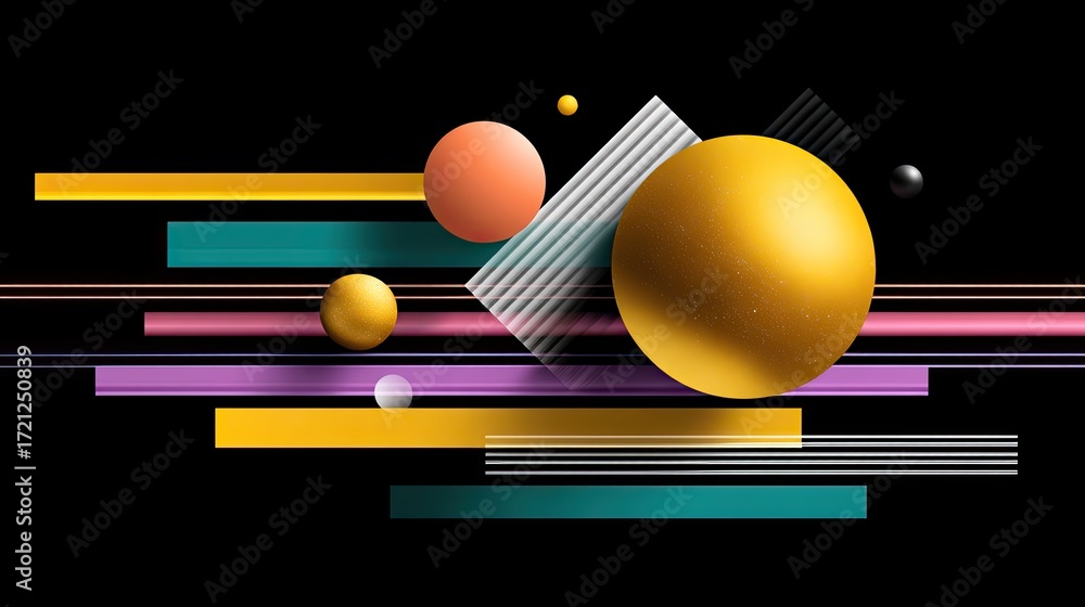 Poster abstract composition of geometric shapes and lines on a black background in a modern artistic style