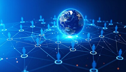 Glowing Earth with connected nodes and silhouettes—symbolizing global digital network.